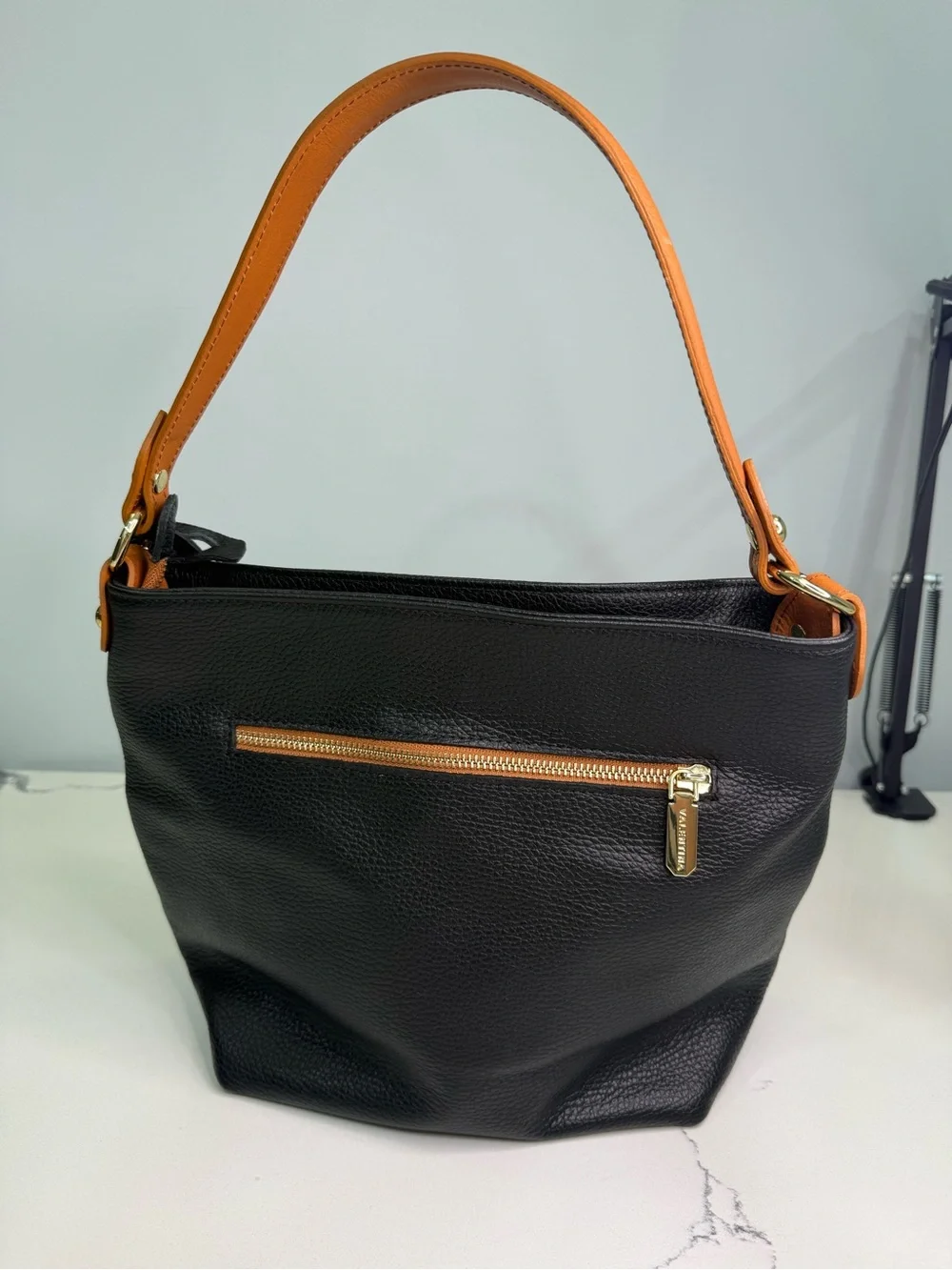 VALENTINA Made in Italy Black/Tan Pebbled Leather Shoulder/CrossBody Bag